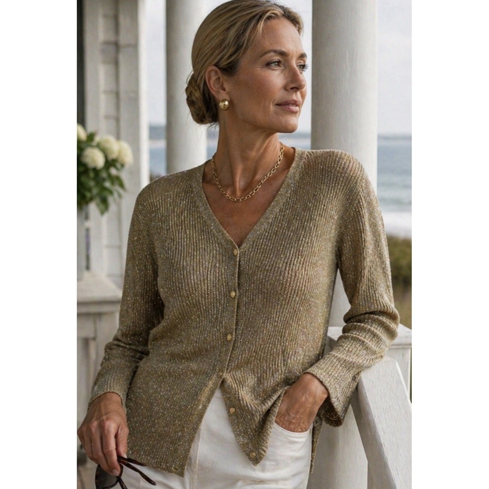 Joseph A. Womens Silk Metallic Gold Button Cardigan Size L Preppy Casual Coastal